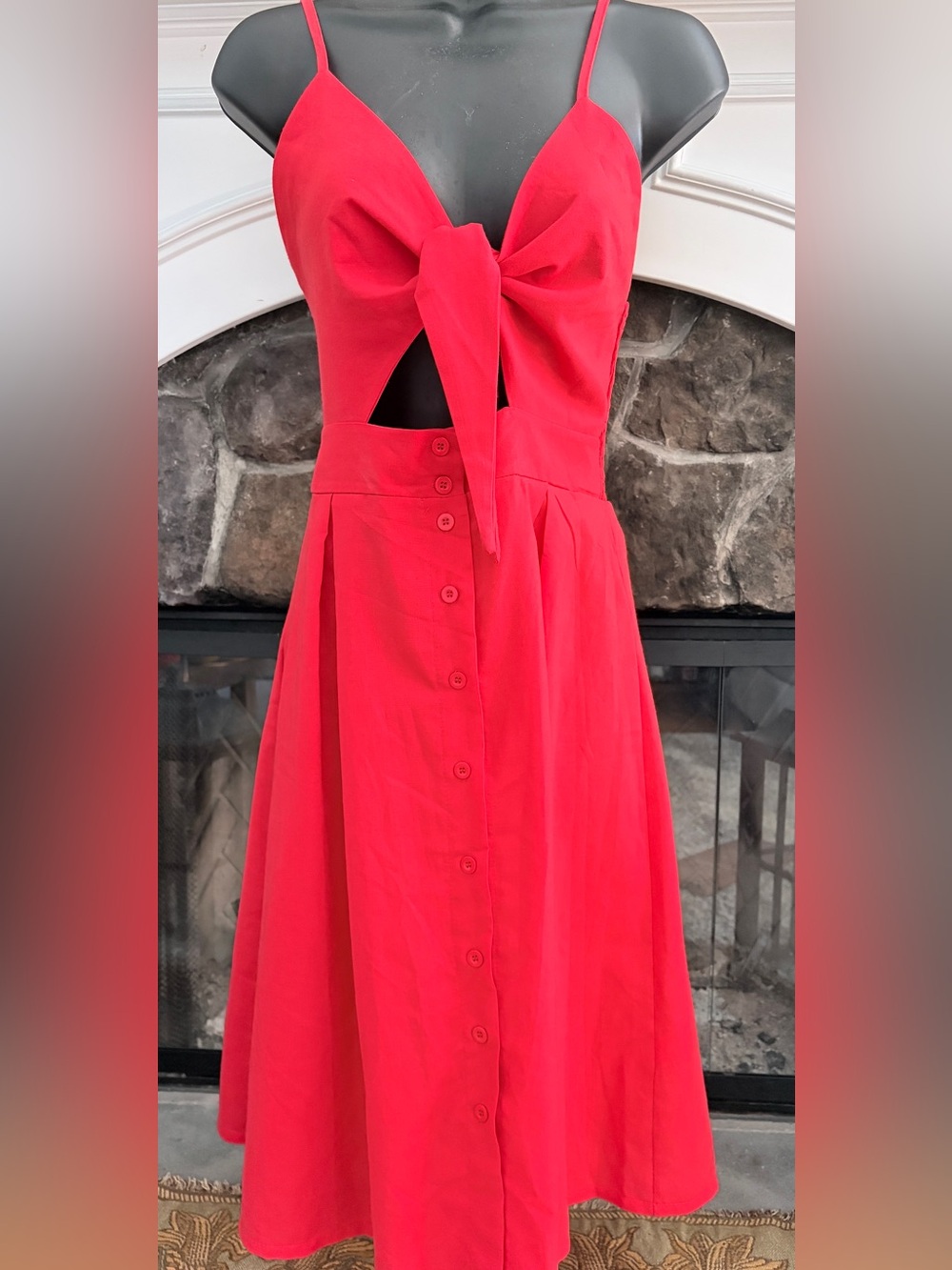 Red Tie-Front Midi Dress with Button Front size Small from Ecowish
